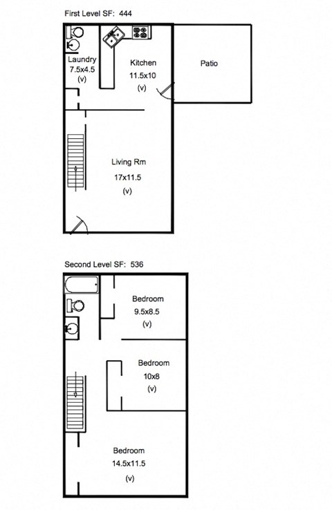 Floor plan for 3 beds, 1.5 baths, 980 sqft